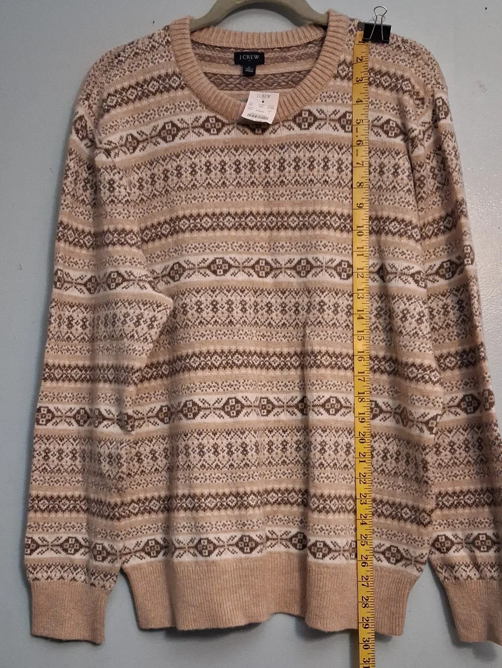 J. Crew Factory Men's Large Lamb Wool Beige and Cream Fair Isle Crewneck Sweater